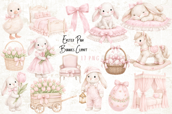 Download Easter Pink Bunnies Clipart Set - Art Collection