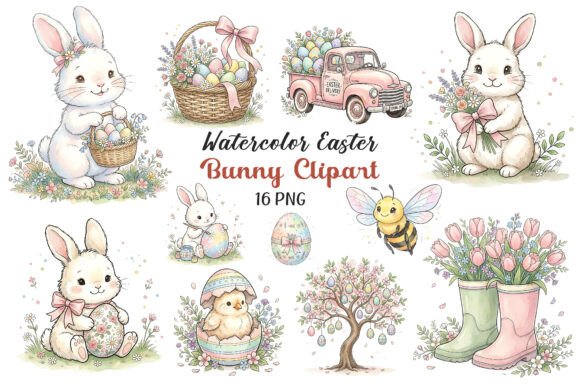 Download Watercolor Easter Bunny Clipart 16 PNGs - Art Collection