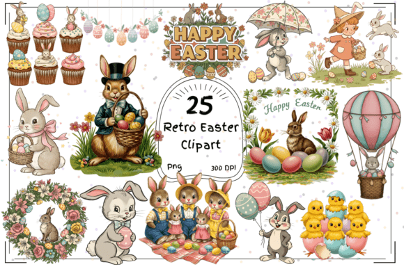 Download 25 Retro Easter Clipart - Vintage Bunny - Art Collection