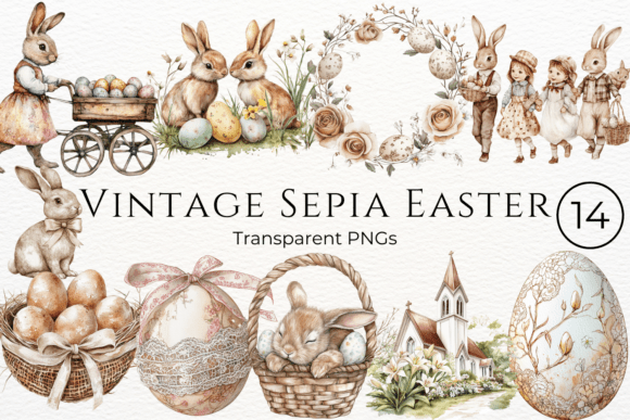 Download Vintage Sepia Easter Watercolor Cliparts - Art Collection